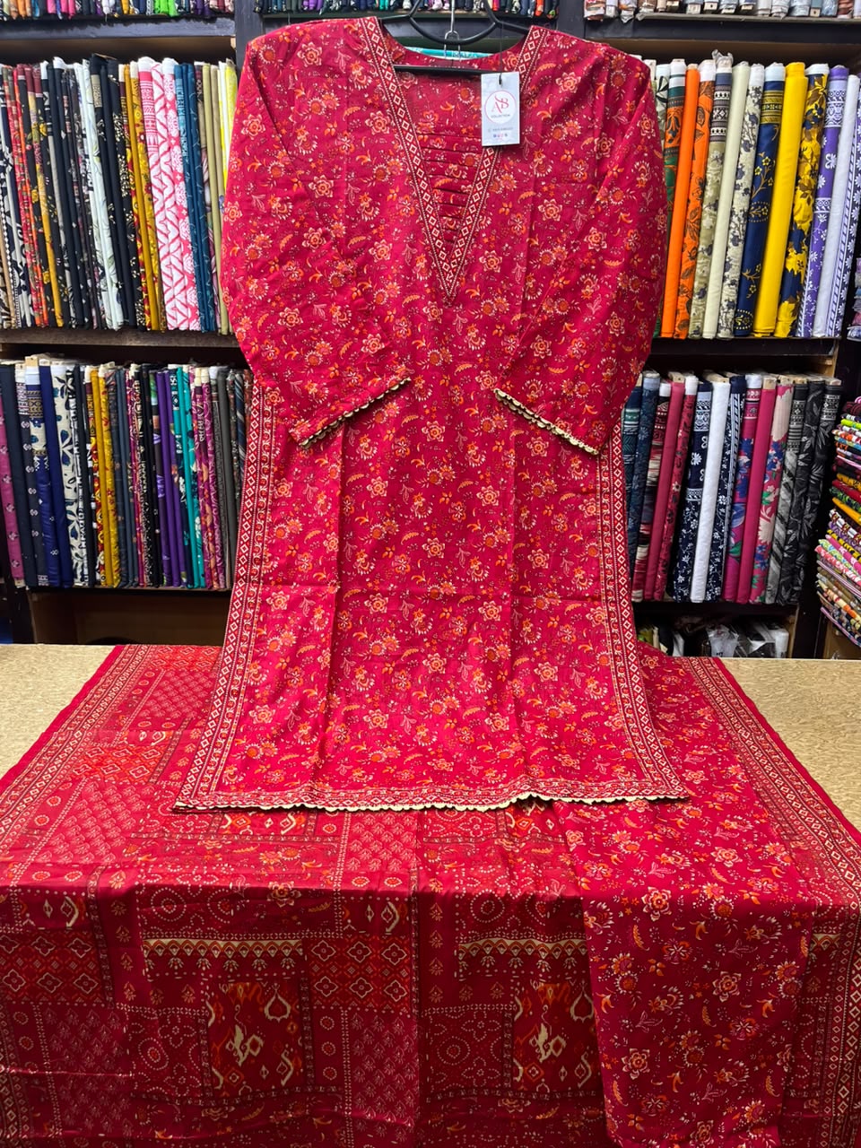 Radiant Red Ethnic Floral & Chunri Print Lawn 3-Piece Suit