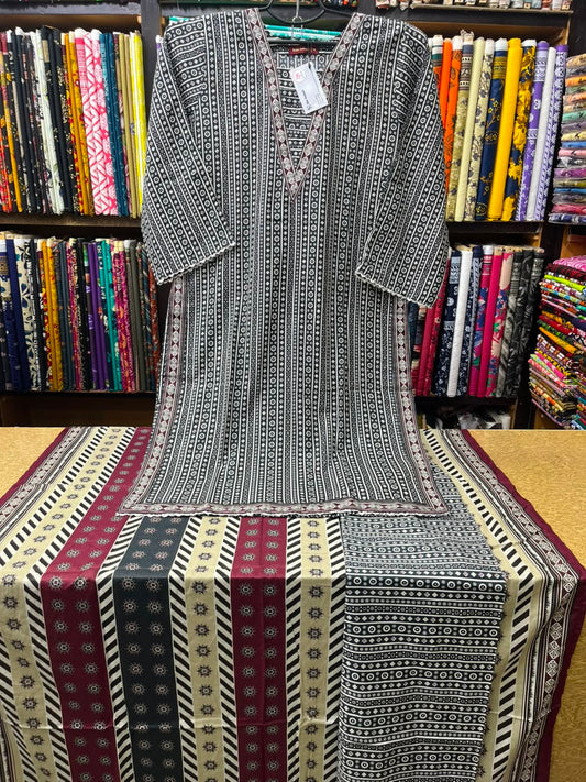 Black & White Geometric Printed 3-Piece Lawn Suit with Maroon Stripes & Printed Dupatta