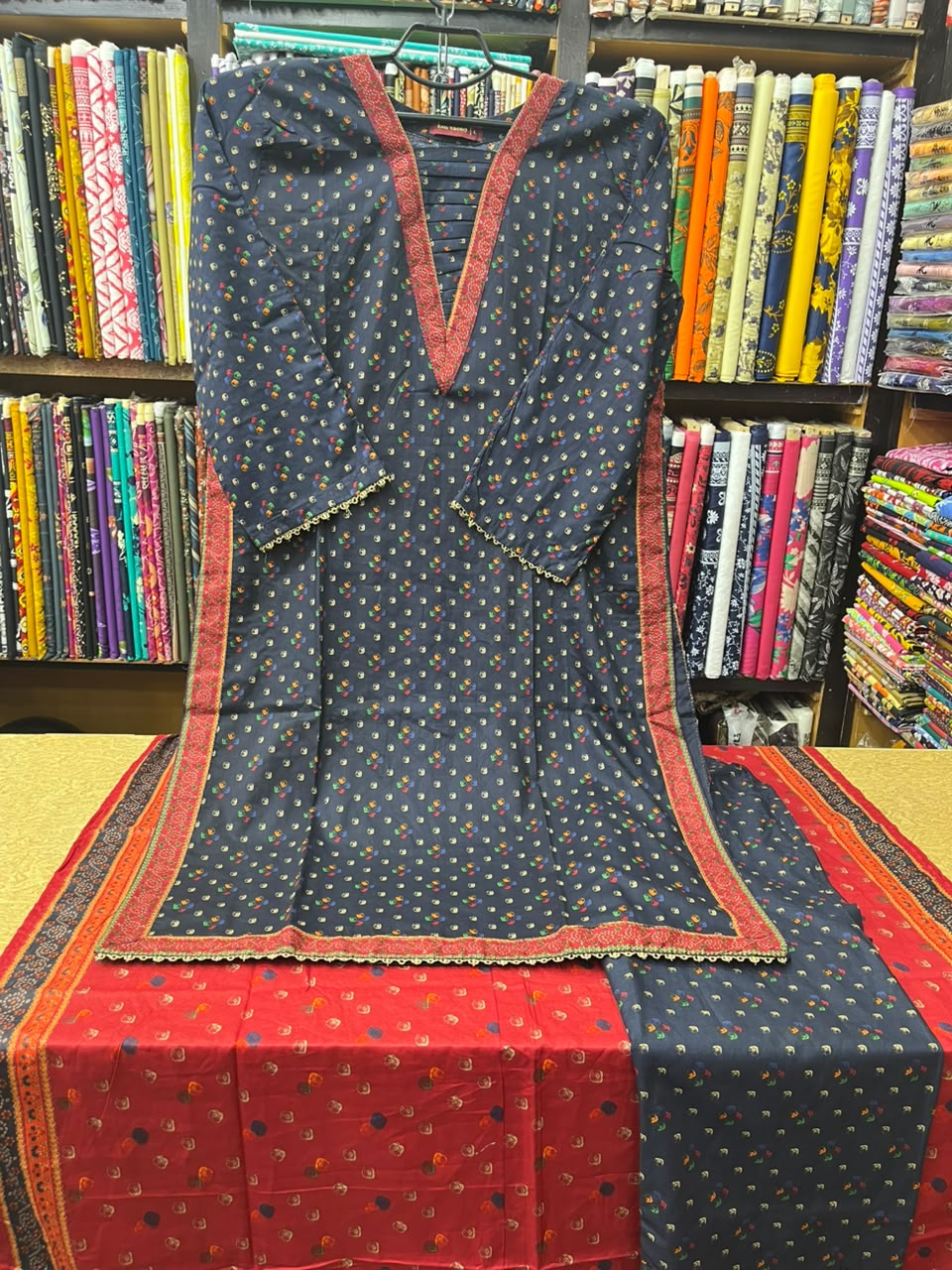 Women's Dark Blue Small Print 3-Piece Lawn Dress with Red Dupatta