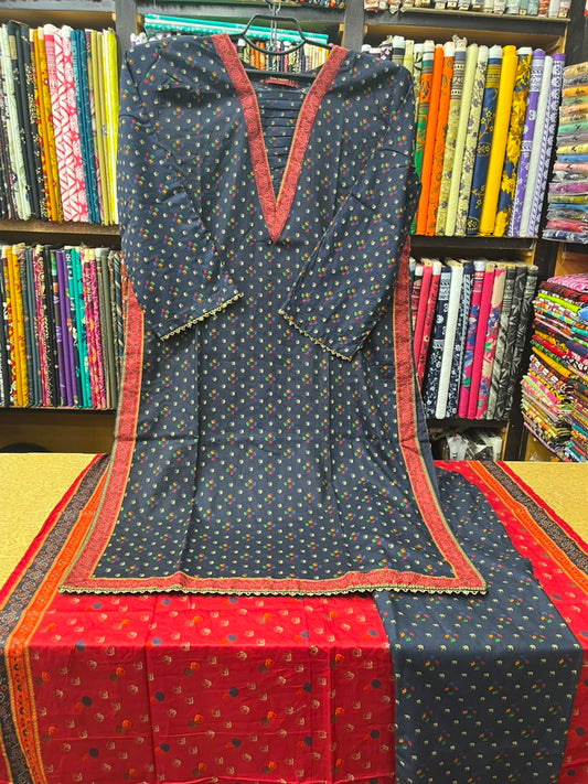 Women's Dark Blue Small Print 3-Piece Lawn Dress with Red Dupatta