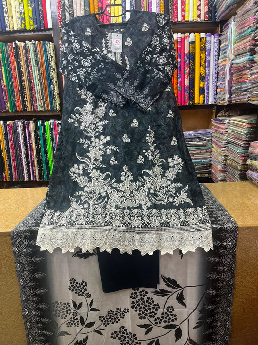 Monochrome Black & White Embroidered Lawn Suit Soft Lawn Voile Dupatta