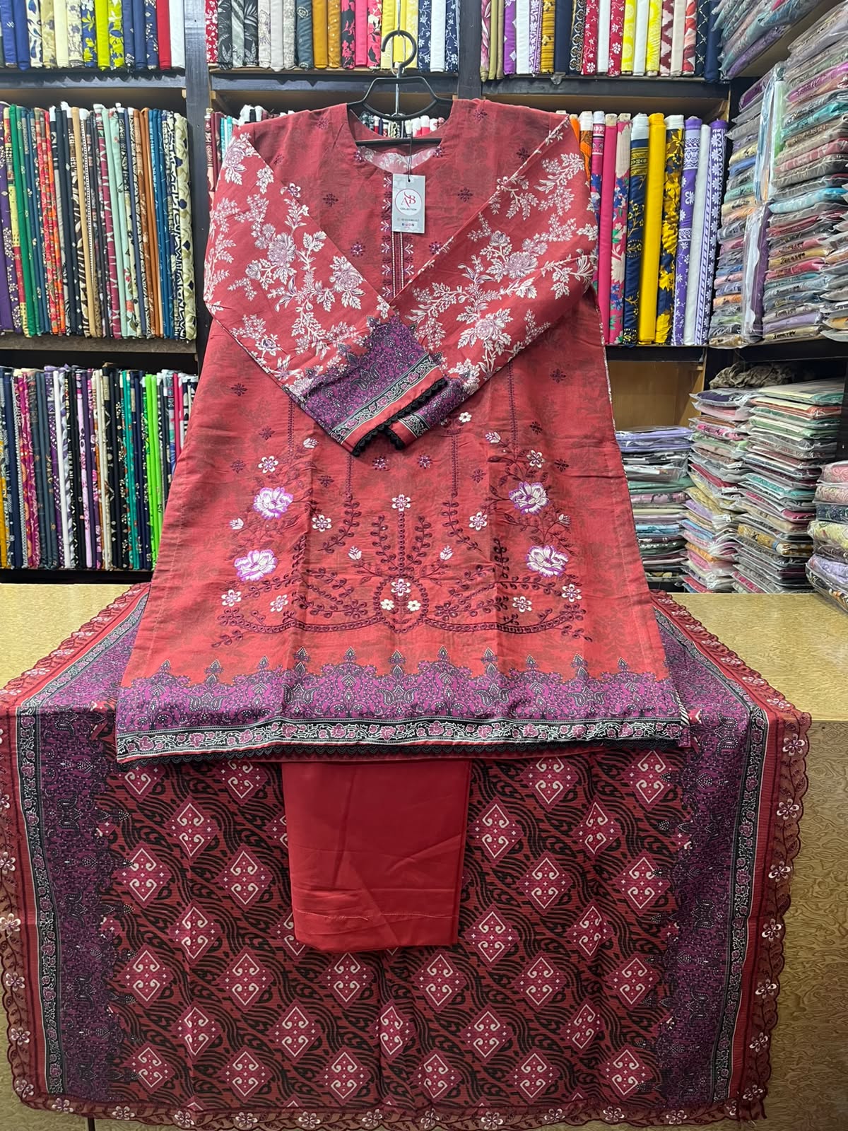 Rich Red Embroidered Lawn 3-Piece Suit Geometric Printed Lawn Lace Dupatta