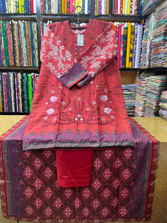 Rich Red Embroidered Lawn 3-Piece Suit Geometric Printed Lawn Lace Dupatta