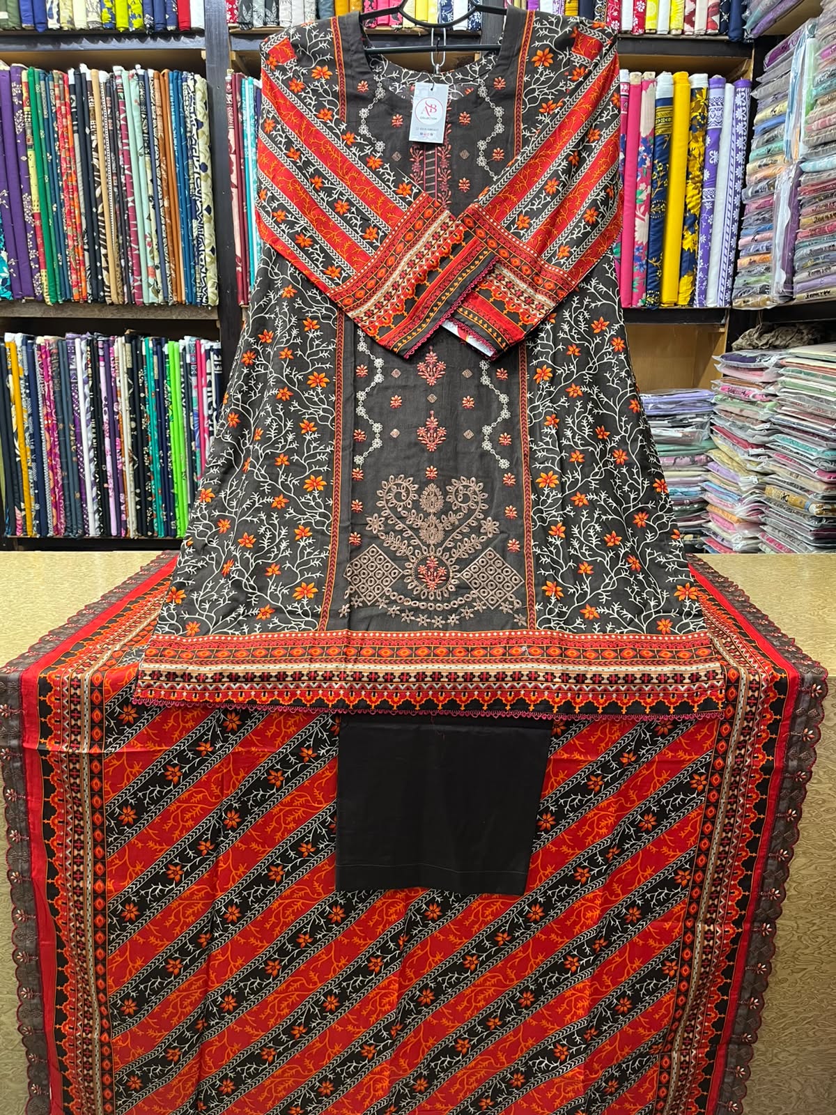 Black & Red Embroidered Lawn 3-Piece Suit Striped Printed Lawn Lace Dupatta