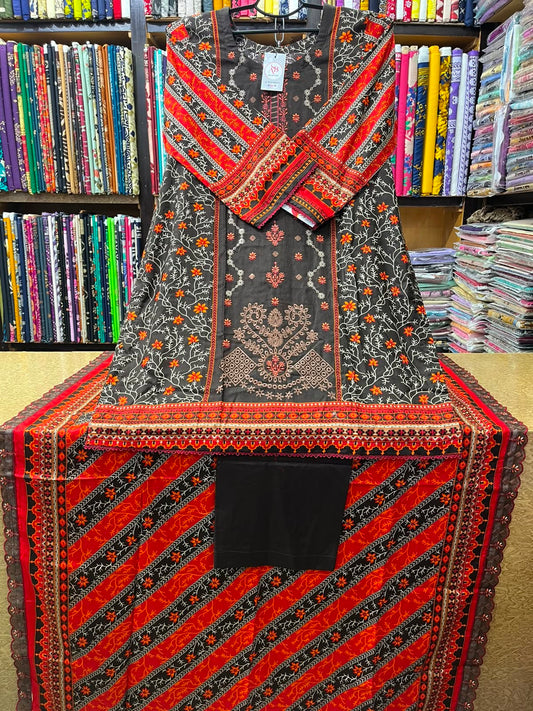 Black & Red Embroidered Lawn 3-Piece Suit Striped Printed Lawn Lace Dupatta