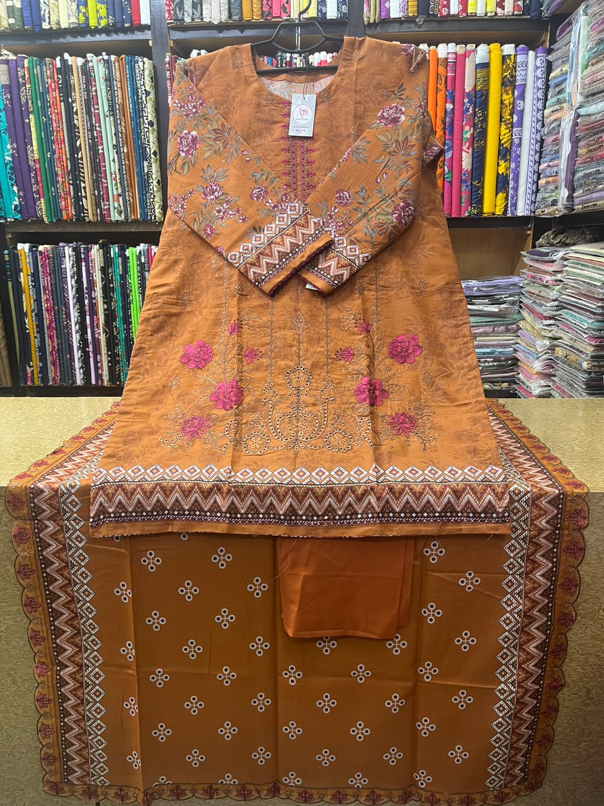 Rust Mustard Embroidered Lawn 3-Piece Suit Geometric Printed Lawn Voile Dupatta