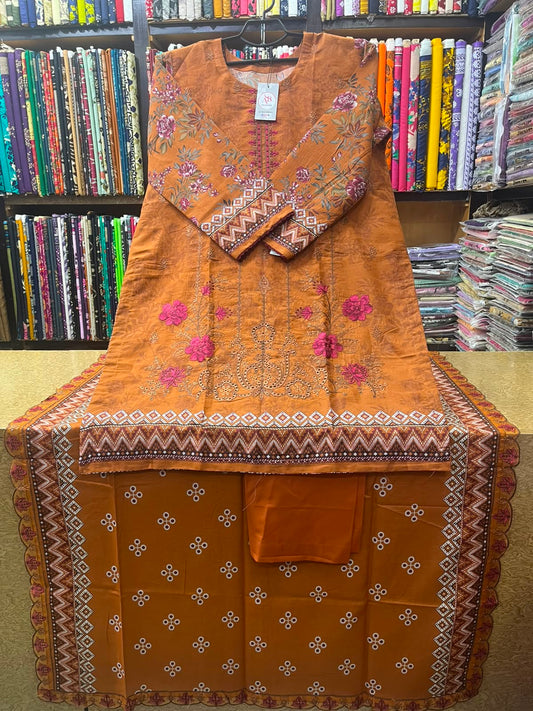Rust Mustard Embroidered Lawn 3-Piece Suit Geometric Printed Lawn Voile Dupatta
