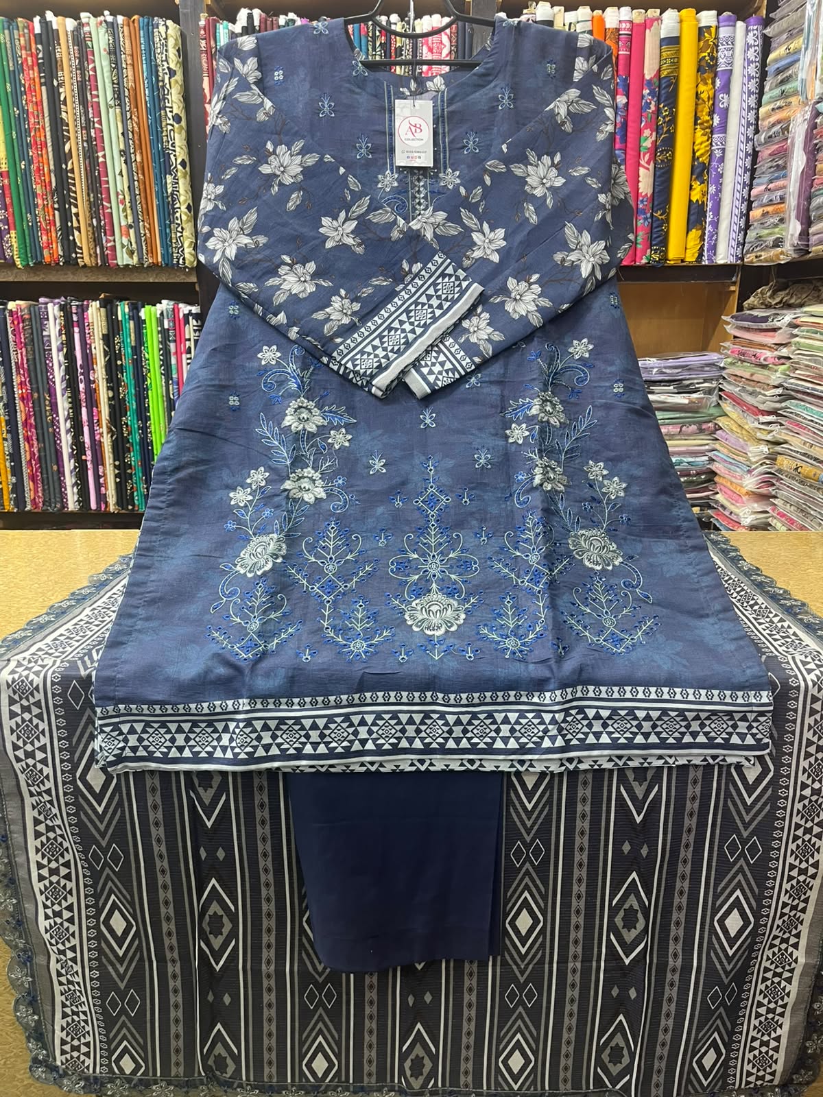 Steel Blue Embroidered Lawn 3-Piece Suit Soft Lawn Voile Lace Dupatta