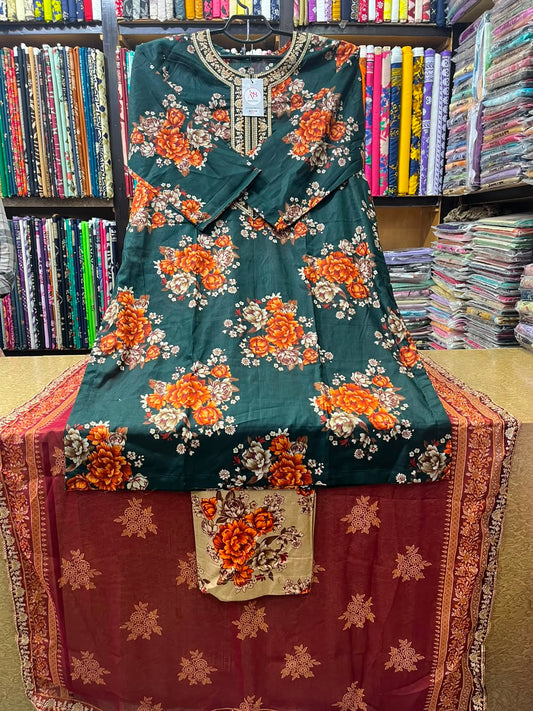 3 PC Embroidered Neckline Lawn Suit with Printed Lawn Voile 4-Side Lace Dupatta