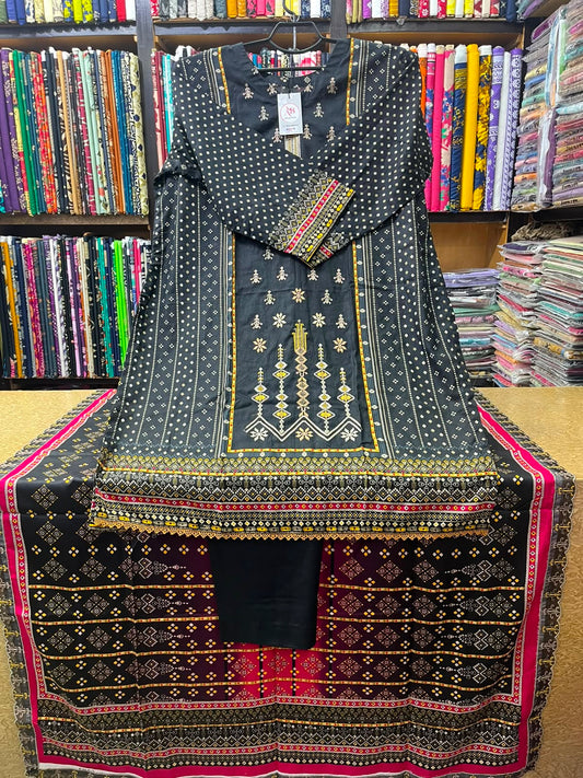 Classic Black & Gold Embroidered Lawn 3-Piece Suit  Magenta Accent Lawn Voile Dupatta