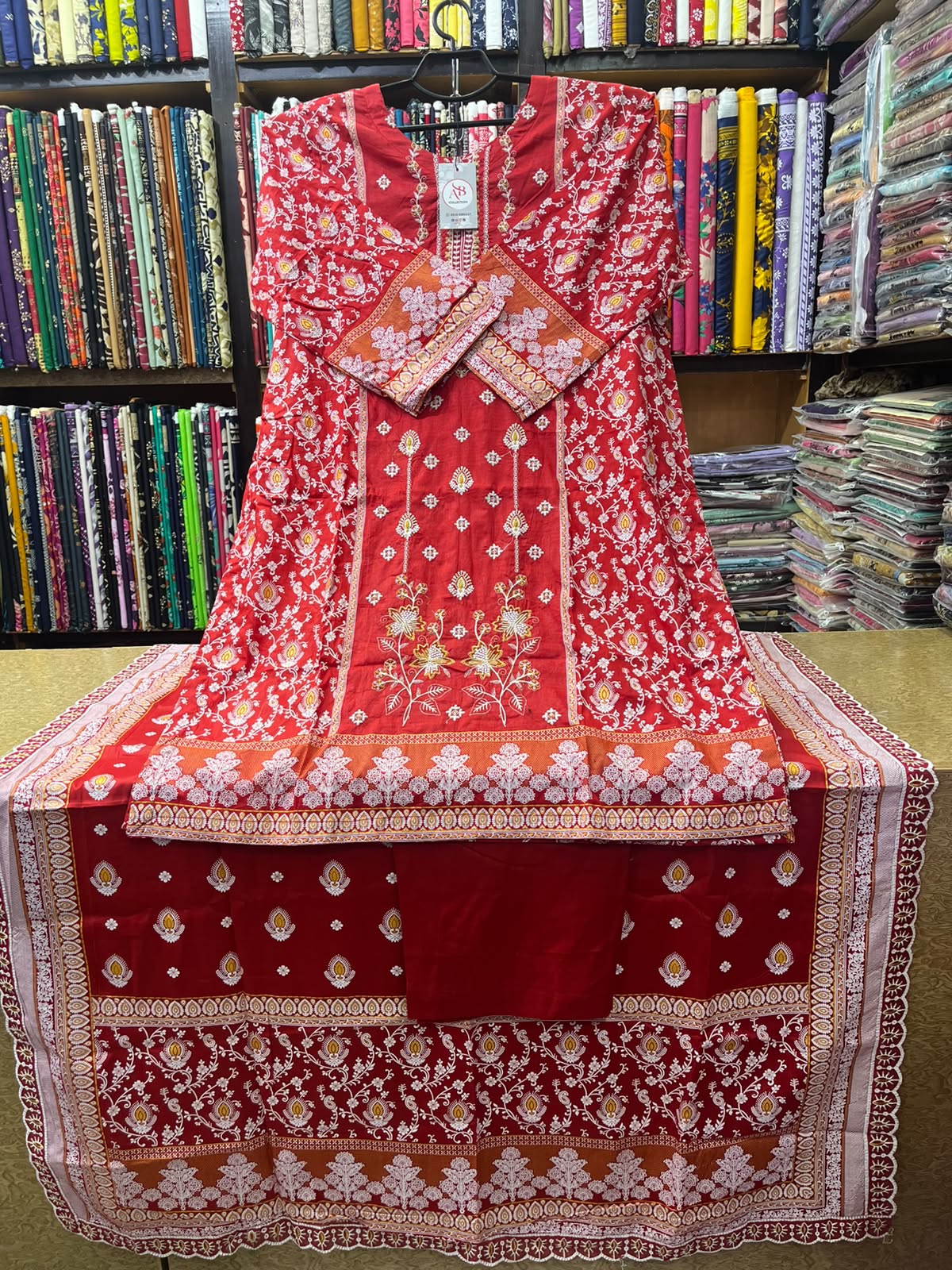 Vibrant Red & Orange Embroidered Lawn 3-Piece Suit Soft Lawn Voile Dupatta