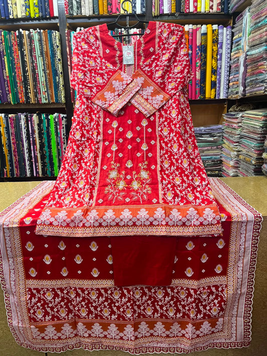 Vibrant Red & Orange Embroidered Lawn 3-Piece Suit Soft Lawn Voile Dupatta