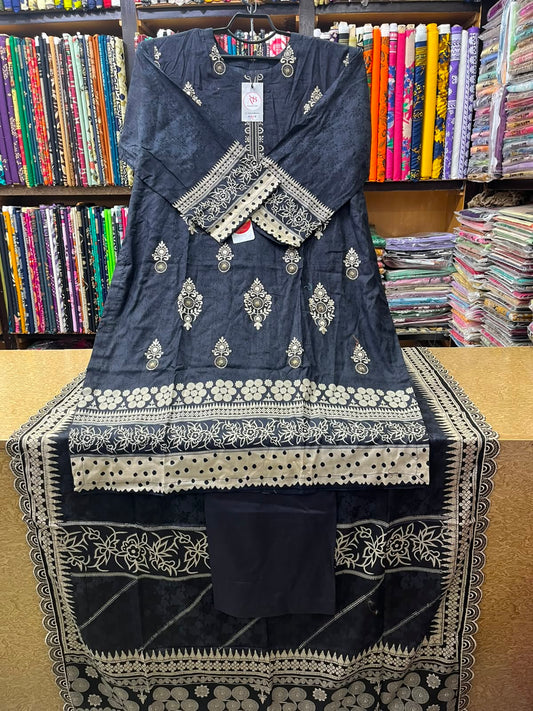 Monochrome Black & Cream Embroidered Lawn 3-Piece Suit Soft Lawn Voile Dupatta