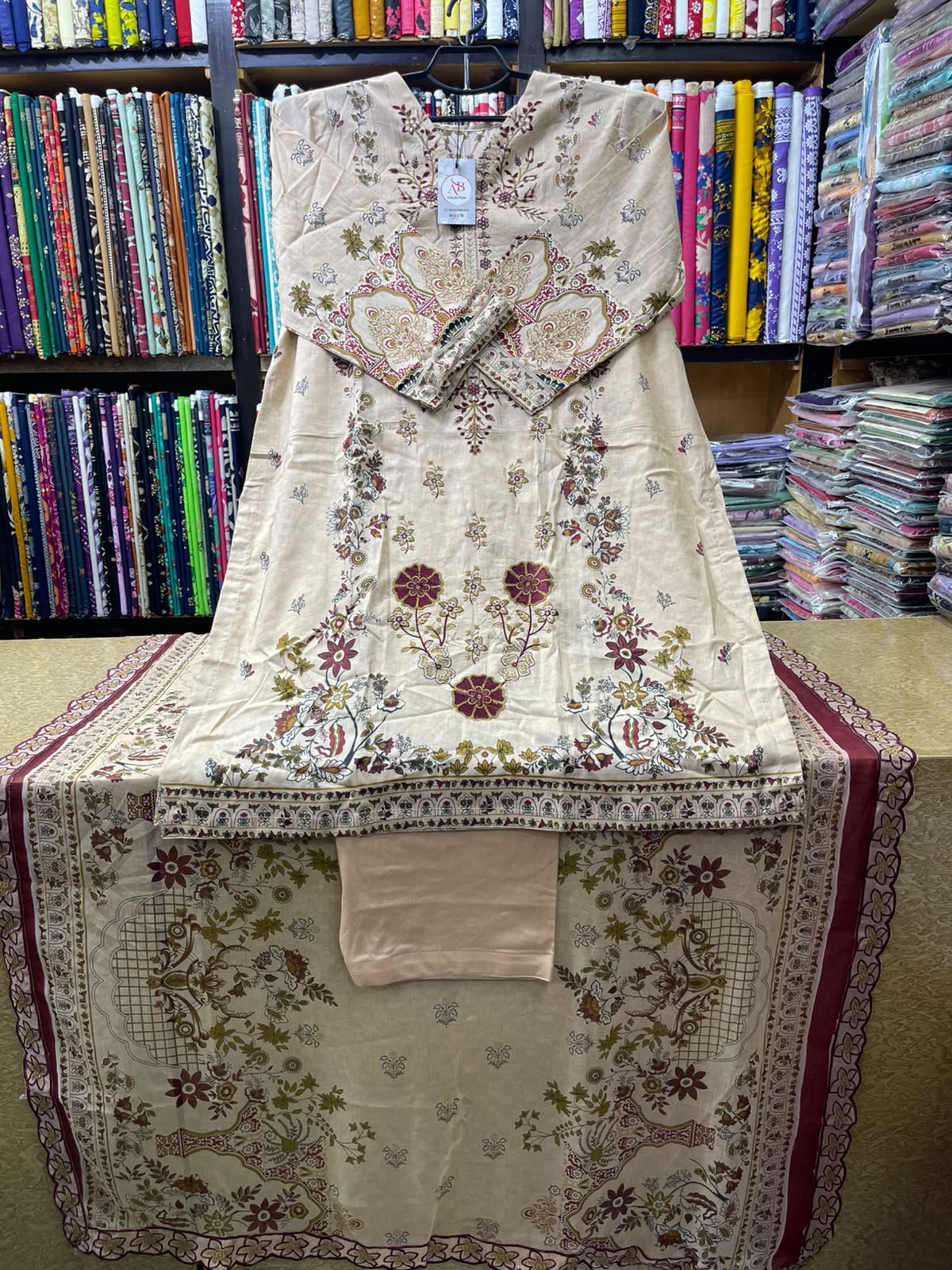 3 PC Embroidered Lawn Suit with Floral Printed Lawn Voile 4-Side Lace Dupatta