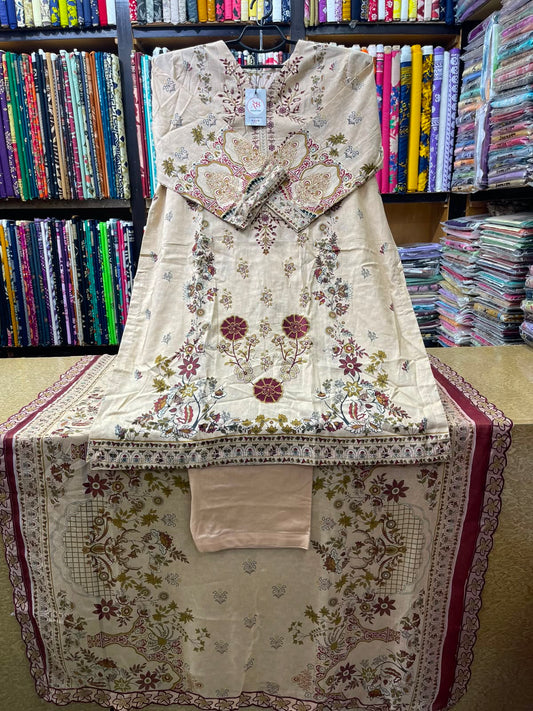 3 PC Embroidered Lawn Suit with Floral Printed Lawn Voile 4-Side Lace Dupatta