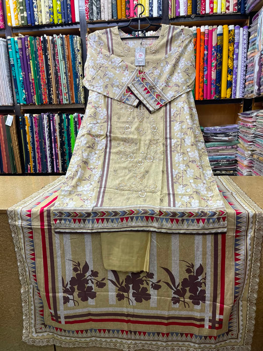 Designer Geometric & Floral Embroidered Lawn Collection 3 PC Suit with 4-Side Lace Dupatta