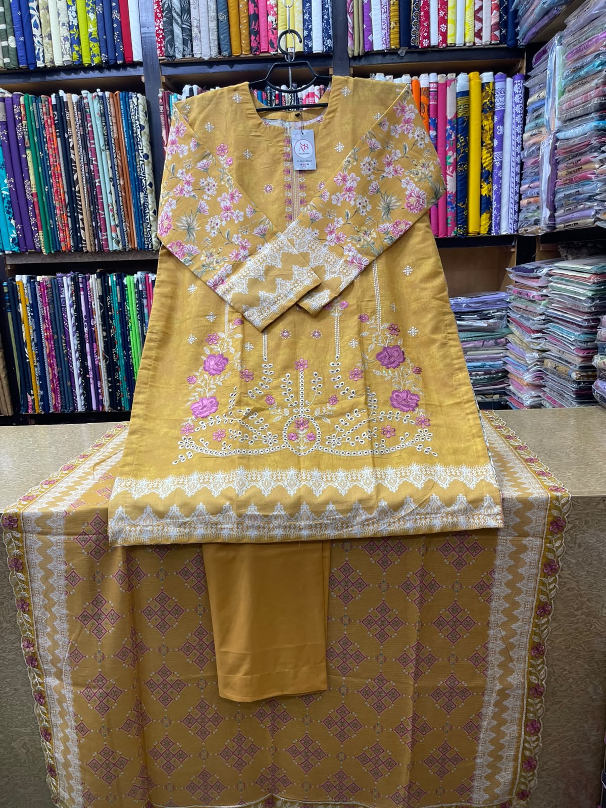 Mustard Yellow & Pink Embroidered Lawn 3-Piece Suit Soft Lawn Voile Dupatta