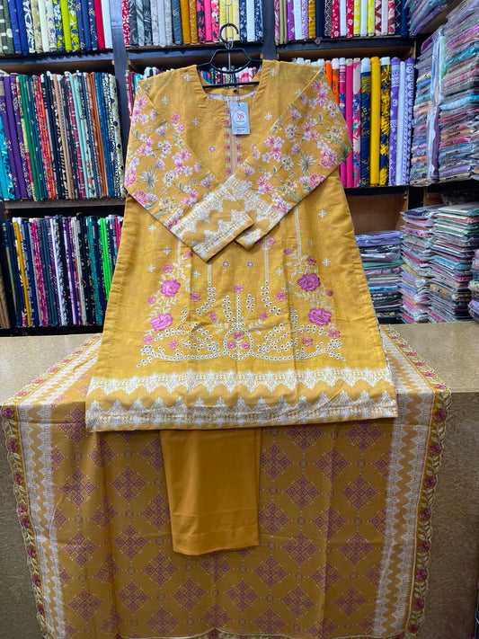Mustard Yellow & Pink Embroidered Lawn 3-Piece Suit Soft Lawn Voile Dupatta