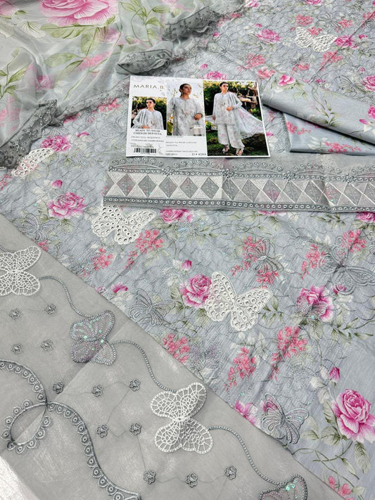 Elegant Grey Floral Embroidered 3-Piece Unstitched Suit Sequins Chikankari Lawn Shirt, Organza Border & Chiffon Dupatta