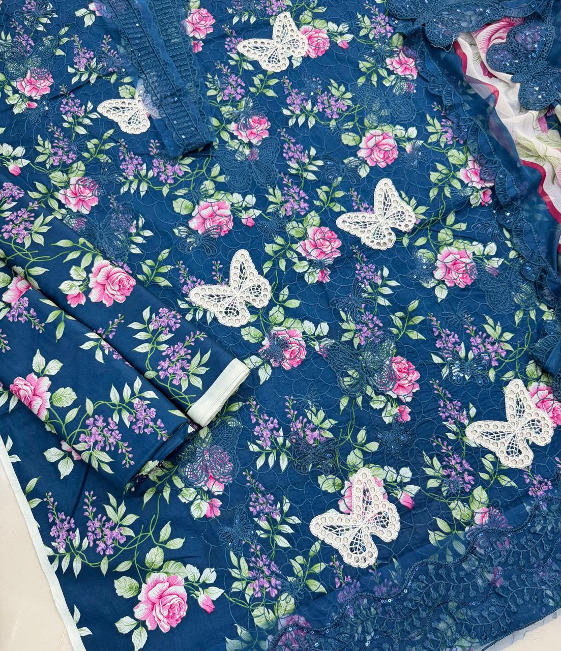 Royal Blue Floral Embroidered 3-Piece Unstitched Lawn Suit  Sequins Chikankari Shirt, Butterfly Applique & Chiffon Dupatta