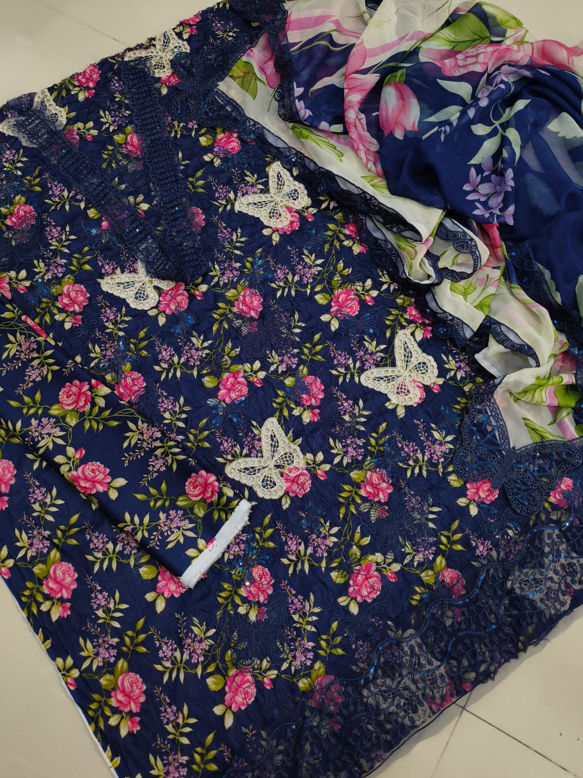 Deep Navy Blue Floral Embroidered 3-Piece Lawn Suit Sequins Chikankari Shirt, Butterfly Motifs & Chiffon Dupatta