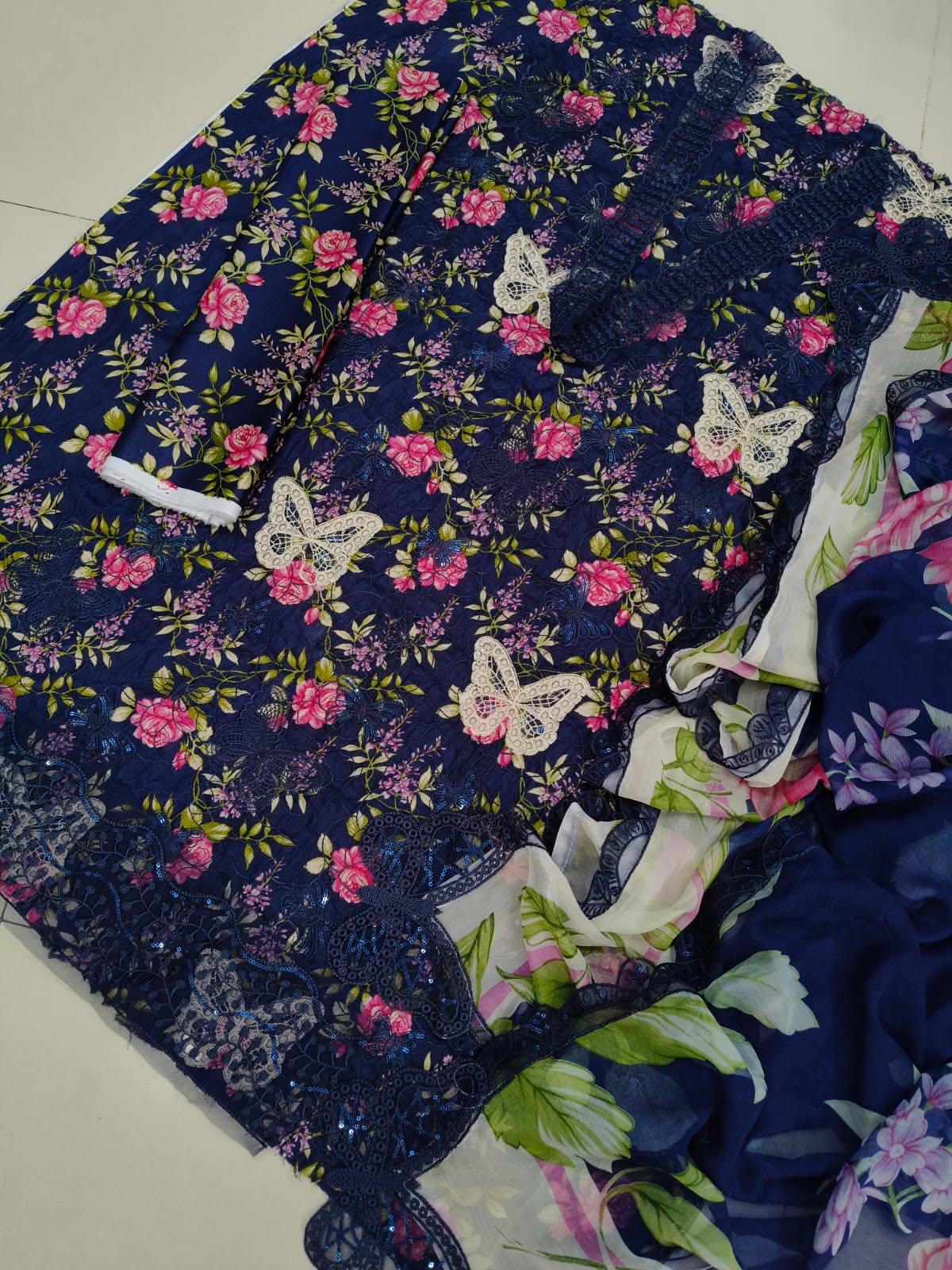 Deep Navy Blue Floral Embroidered 3-Piece Lawn Suit Sequins Chikankari Shirt, Butterfly Motifs & Chiffon Dupatta