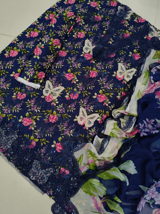 Deep Navy Blue Floral Embroidered 3-Piece Lawn Suit Sequins Chikankari Shirt, Butterfly Motifs & Chiffon Dupatta