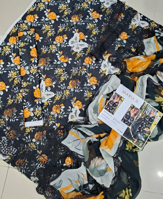 Midnight Black & Mustard Floral Embroidered 3-Piece Lawn Suit Sequins Chikankari Shirt, Butterfly Motifs & Chiffon Dupatta