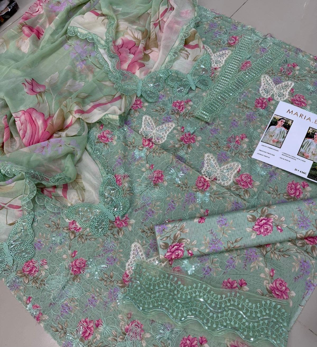 Mint Green Floral Embroidered 3-Piece Lawn Suit  Sequins Chikankari Shirt, Butterfly Cutwork & Chiffon Dupatta