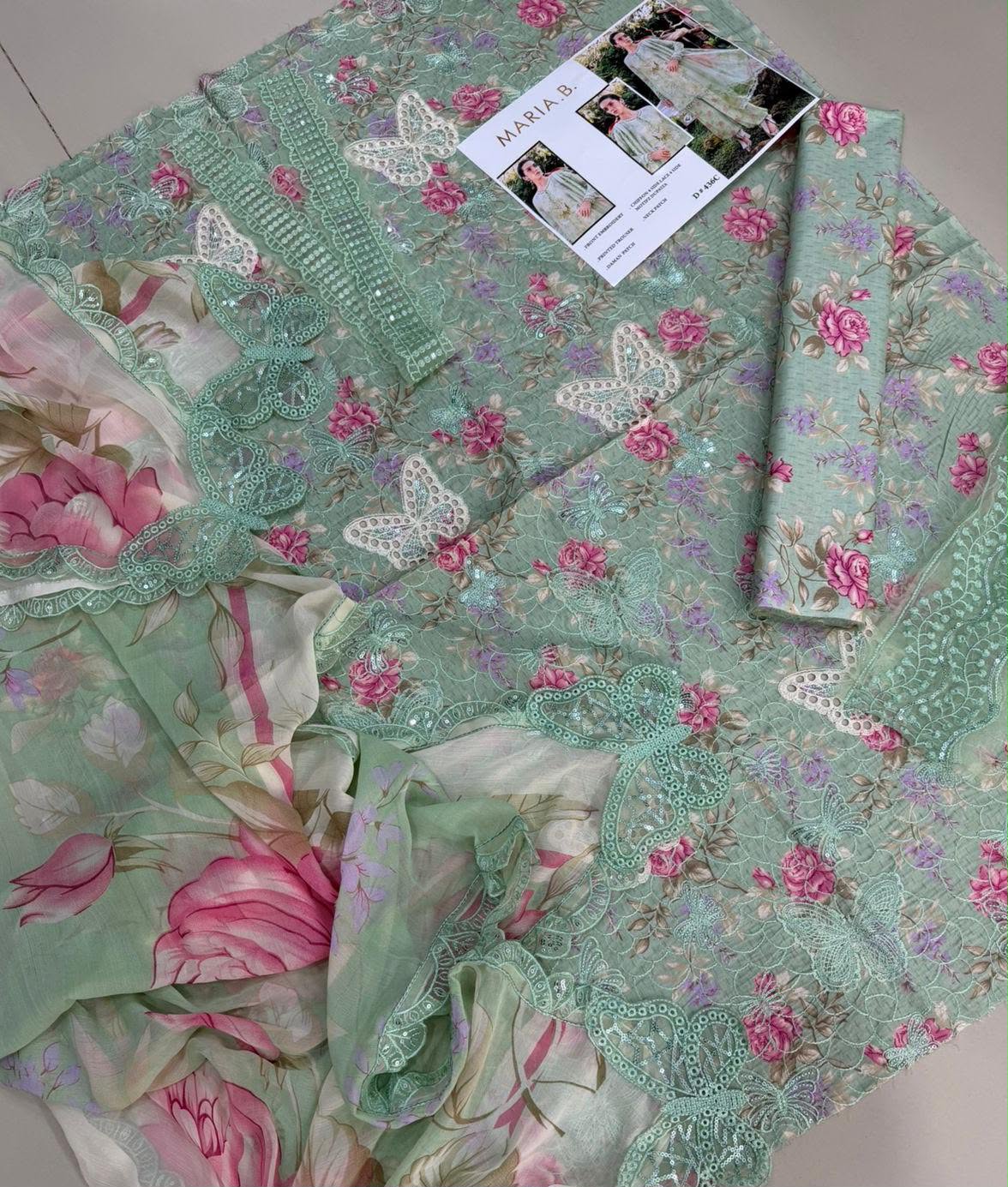 Mint Green Floral Embroidered 3-Piece Lawn Suit  Sequins Chikankari Shirt, Butterfly Cutwork & Chiffon Dupatta