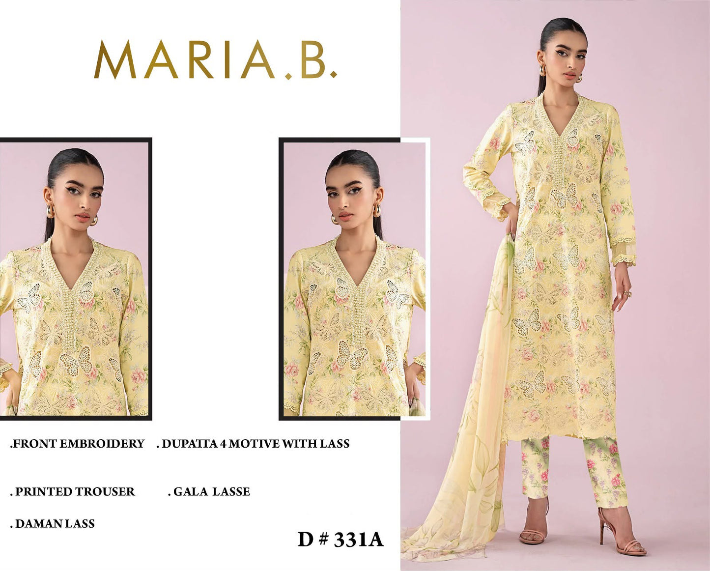 Pastel Yellow Floral Embroidered 3-Piece Lawn Suit  Sequins Chikankari Shirt, Butterfly Cutwork & Chiffon Dupatta