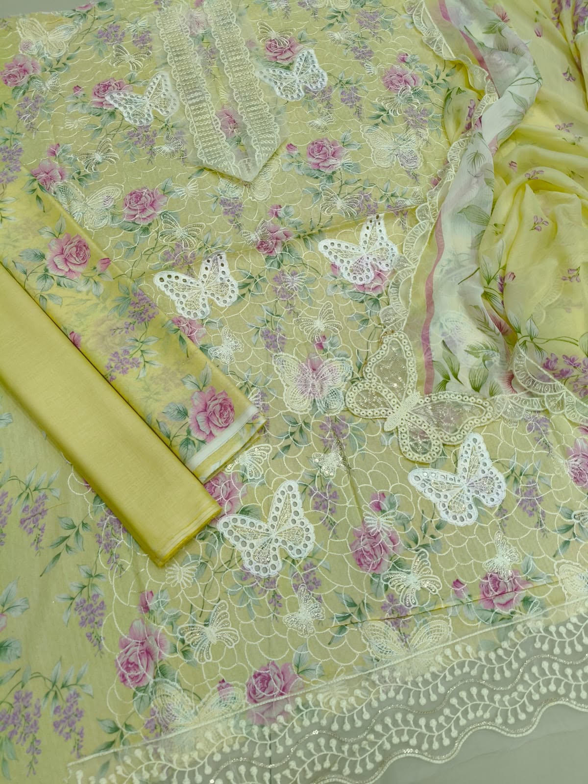 Pastel Yellow Floral Embroidered 3-Piece Lawn Suit  Sequins Chikankari Shirt, Butterfly Cutwork & Chiffon Dupatta