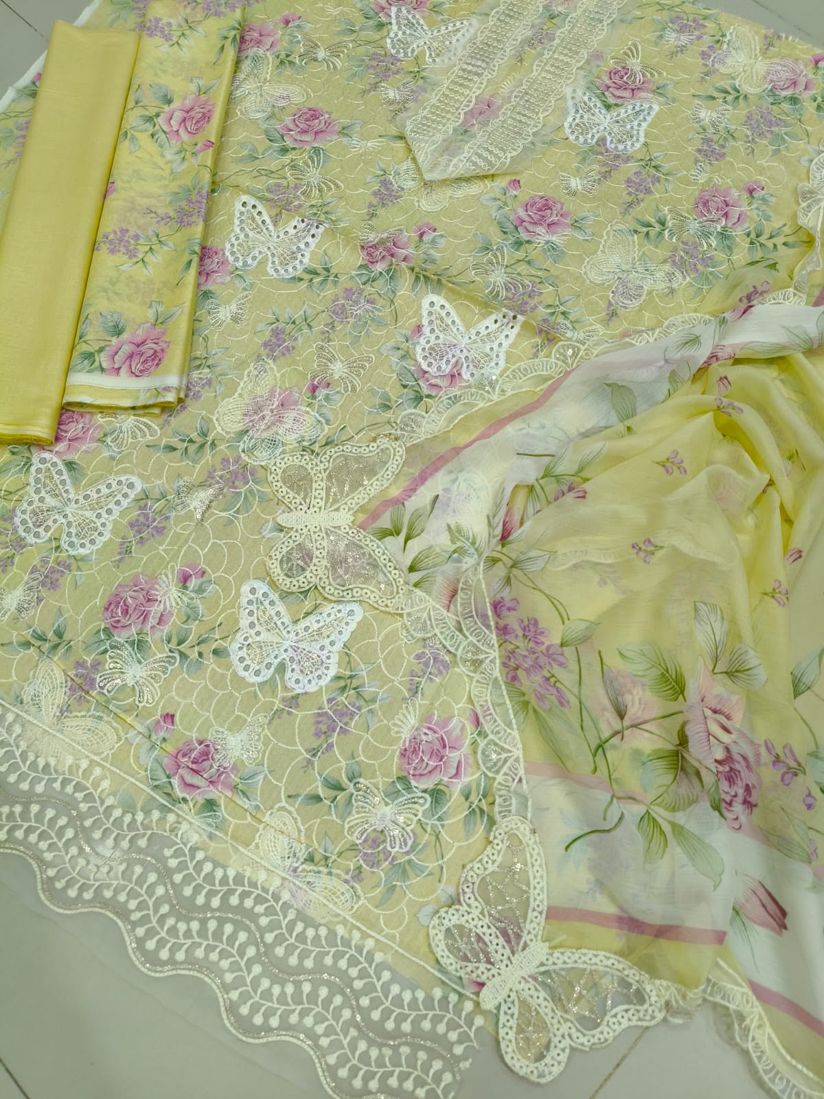 Pastel Yellow Floral Embroidered 3-Piece Lawn Suit  Sequins Chikankari Shirt, Butterfly Cutwork & Chiffon Dupatta