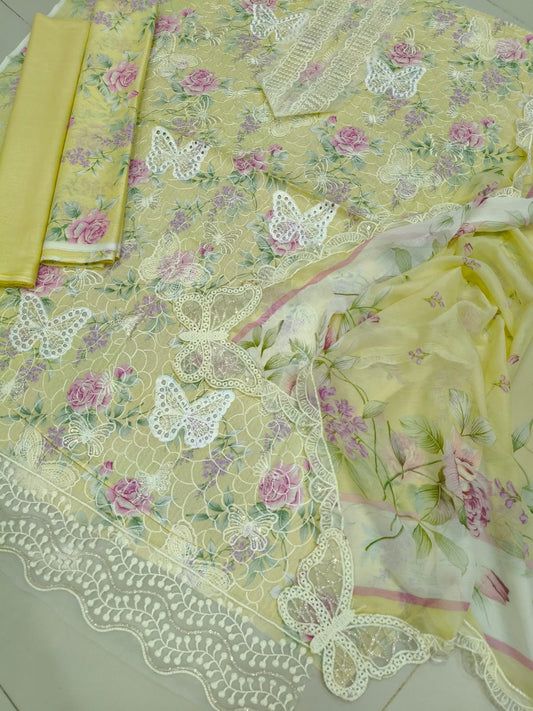 Pastel Yellow Floral Embroidered 3-Piece Lawn Suit  Sequins Chikankari Shirt, Butterfly Cutwork & Chiffon Dupatta