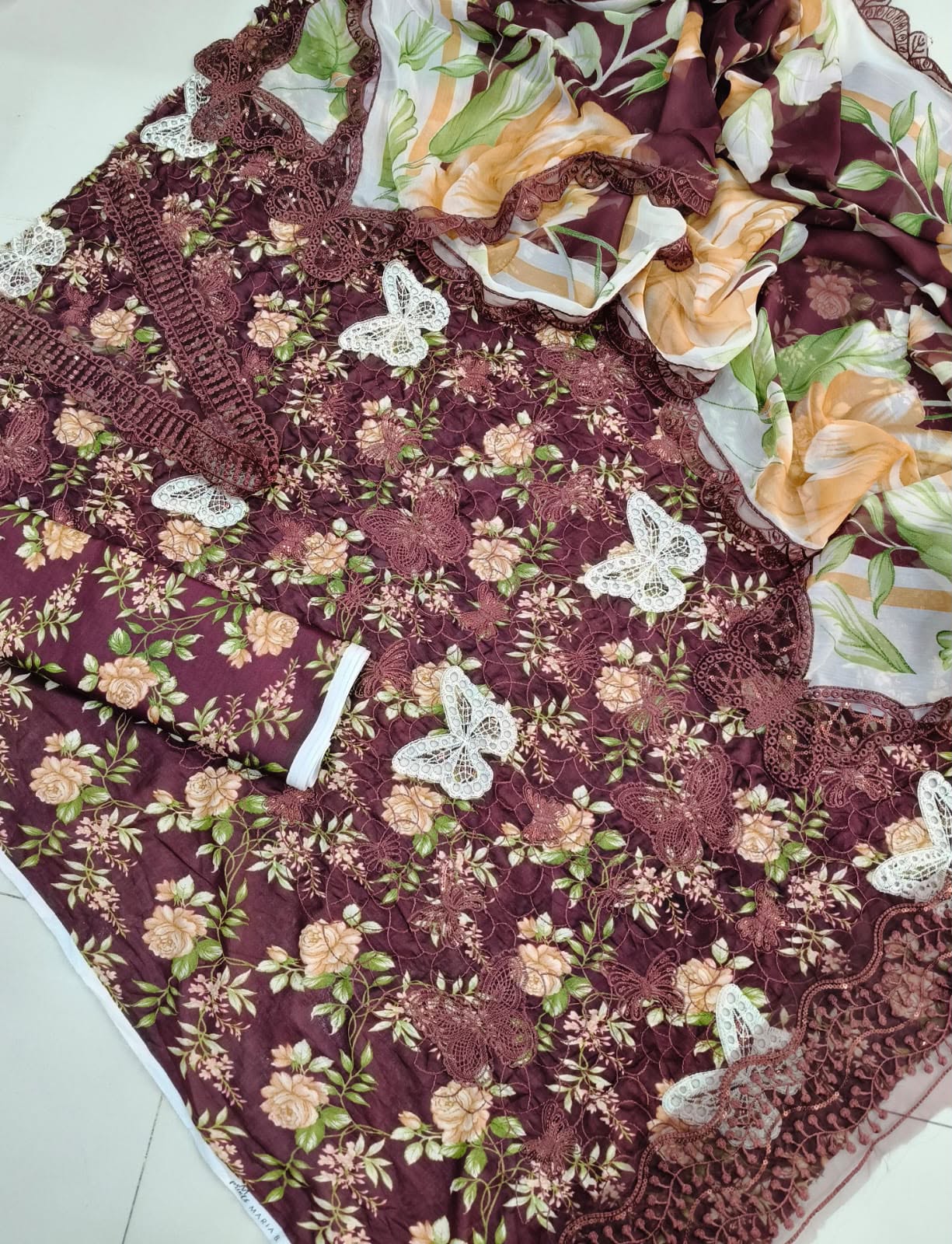 Deep Plum Burgundy Floral Embroidered 3-Piece Lawn Suit  Sequins Chikankari Shirt, Butterfly Motifs & Chiffon Dupatta