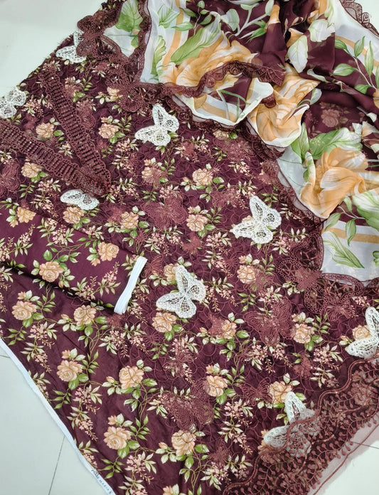 Deep Plum Burgundy Floral Embroidered 3-Piece Lawn Suit  Sequins Chikankari Shirt, Butterfly Motifs & Chiffon Dupatta