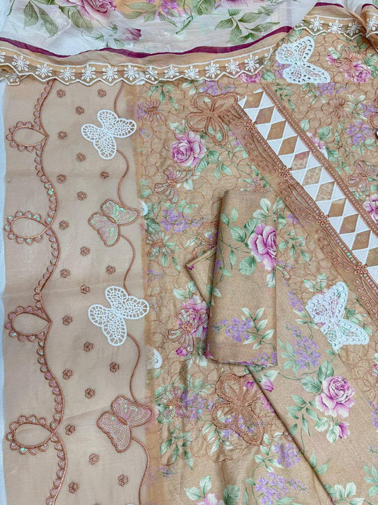 Soft Peach Floral Embroidered 3-Piece Lawn Suit Sequins Chikankari Shirt, Organza Border & Chiffon Dupatta