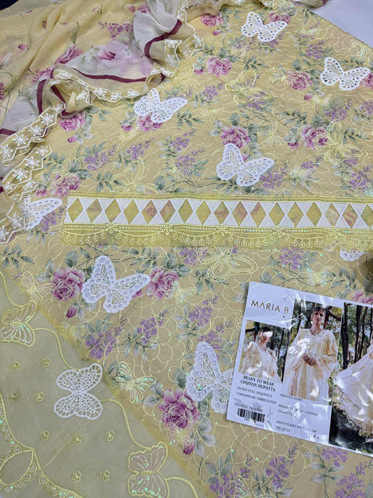 Soft Lemon Yellow Floral Embroidered 3-Piece Lawn Suit  Sequins Chikankari Shirt, Organza Border & Chiffon Dupatta
