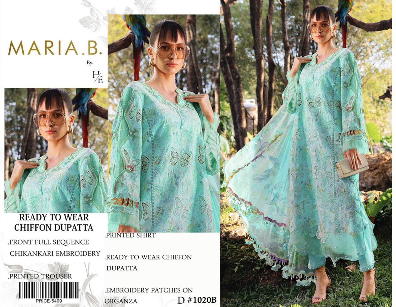 Sky Turquoise Blue Floral Embroidered 3-Piece Lawn Suit Sequins Chikankari Shirt, Organza Border & Chiffon Dupatta