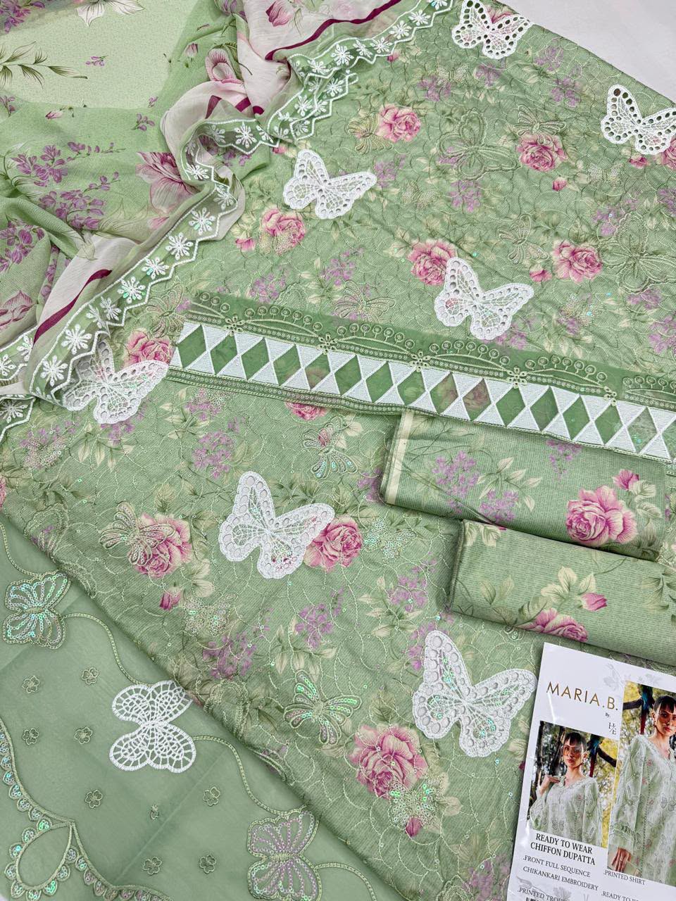 Sage Green Floral Embroidered 3-Piece Lawn Suit  Sequins Chikankari Shirt, Organza Border & Chiffon Dupatta