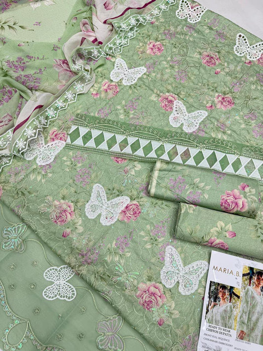 Sage Green Floral Embroidered 3-Piece Lawn Suit  Sequins Chikankari Shirt, Organza Border & Chiffon Dupatta