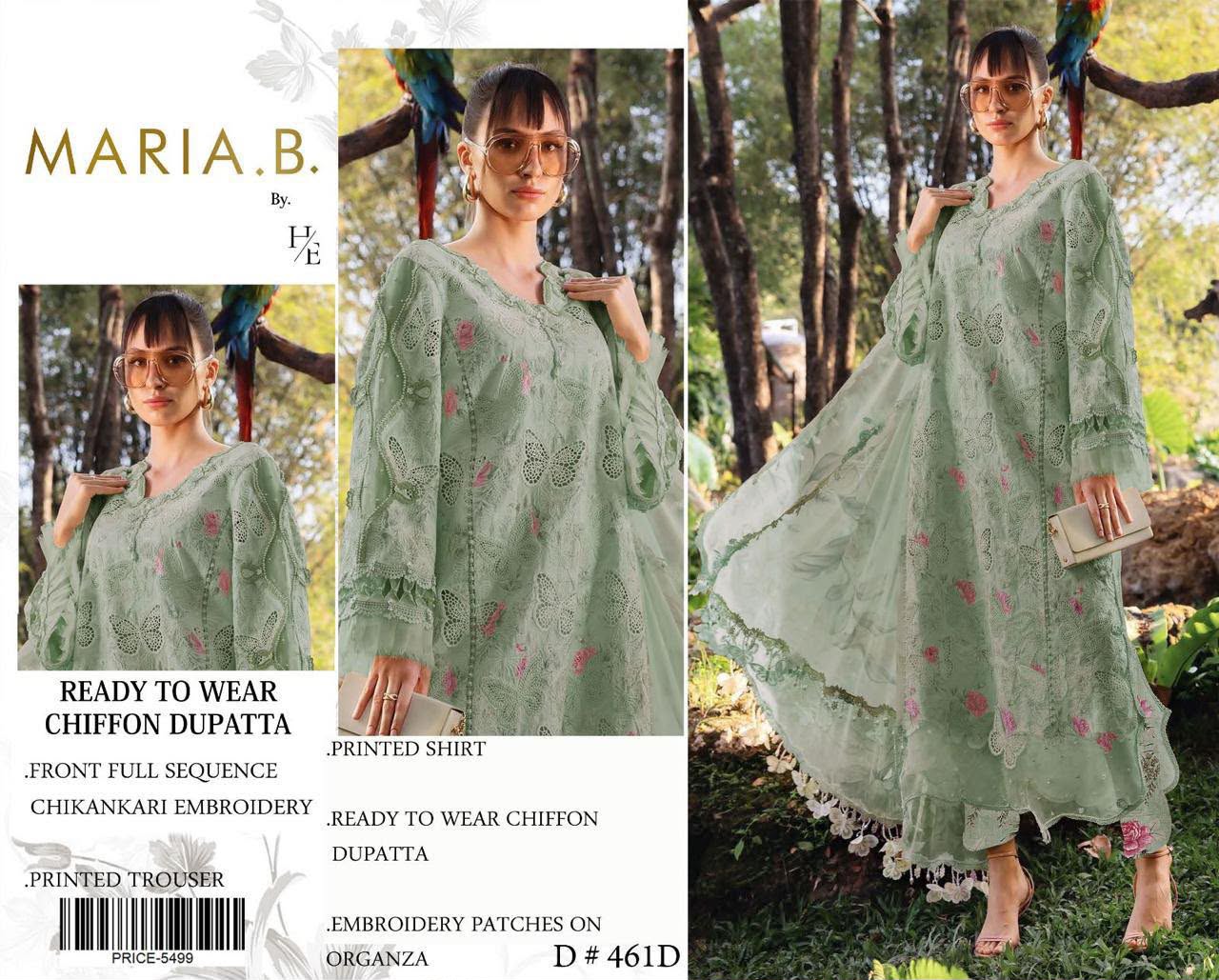 Sage Green Floral Embroidered 3-Piece Lawn Suit  Sequins Chikankari Shirt, Organza Border & Chiffon Dupatta