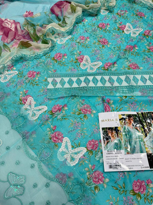 Sky Turquoise Blue Floral Embroidered 3-Piece Lawn Suit Sequins Chikankari Shirt, Organza Border & Chiffon Dupatta