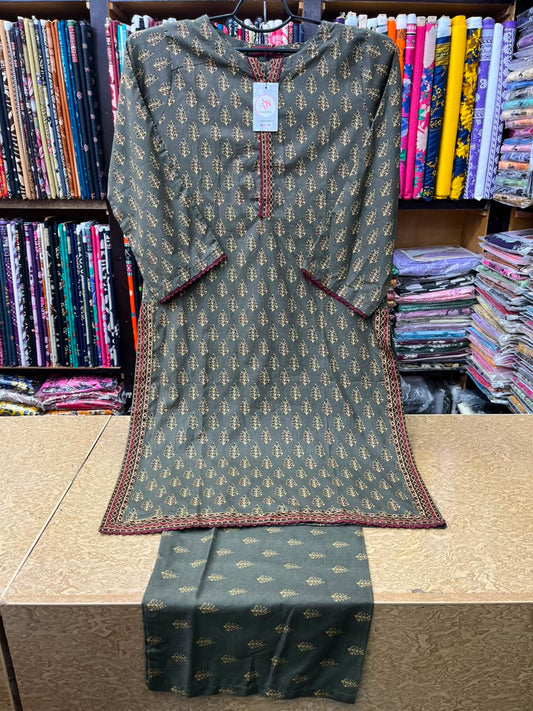 Elegant Olive Green 2-Piece Printed Lawn Suit  Ethnic Neckline & Printed Hem Borders