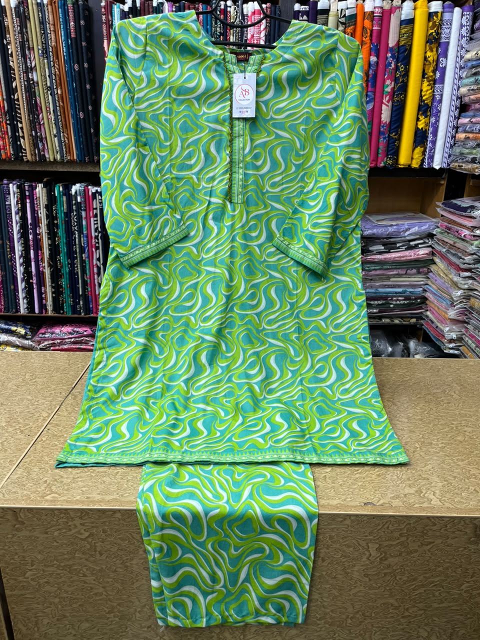 Women's Lime Green & Aqua Printed Lawn 2 Piece Suit