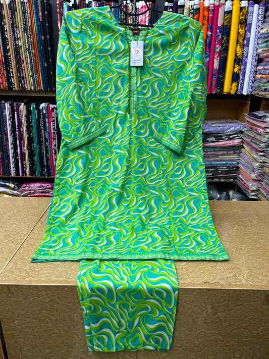 Women's Lime Green & Aqua Printed Lawn 2 Piece Suit