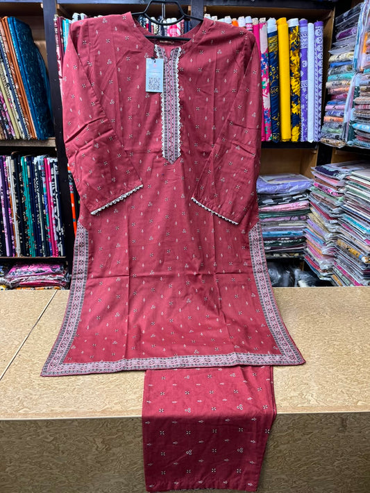 Women's Dusty Rose Printed Lawn 2 Piece Suit Micro-Floral Motif Kurti & Matching Trouser Set
