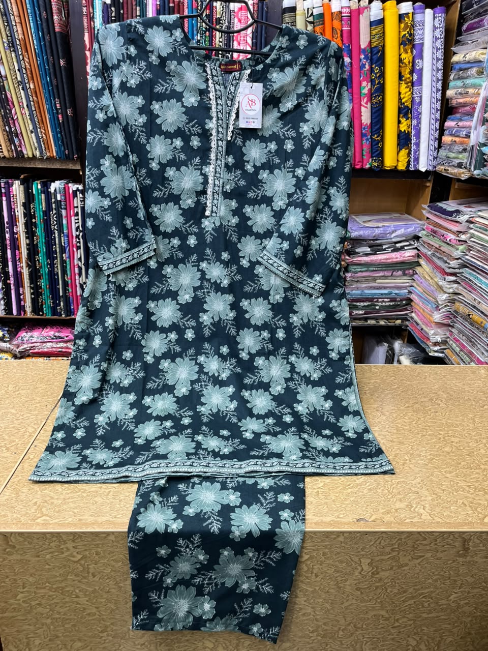 Premium Dark Teal Printed Lawn 2-Piece Collection  Floral Sketch Kurti with Lace Detailed Neckline