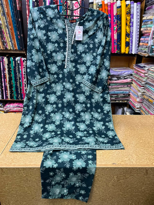 Premium Dark Teal Printed Lawn 2-Piece Collection  Floral Sketch Kurti with Lace Detailed Neckline
