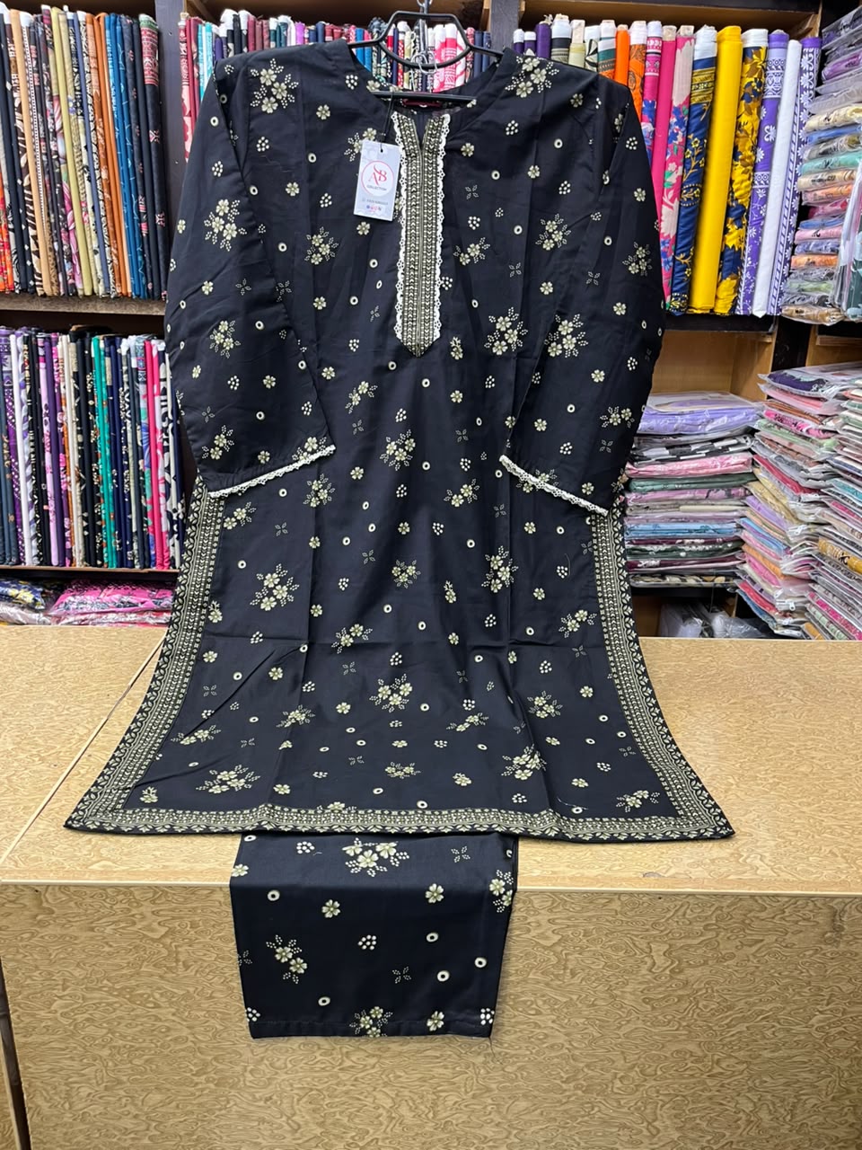 Women's Jet Black Printed Lawn 2 Piece Suit  Gold Floral Motif Kurti & Matching Trouser Set